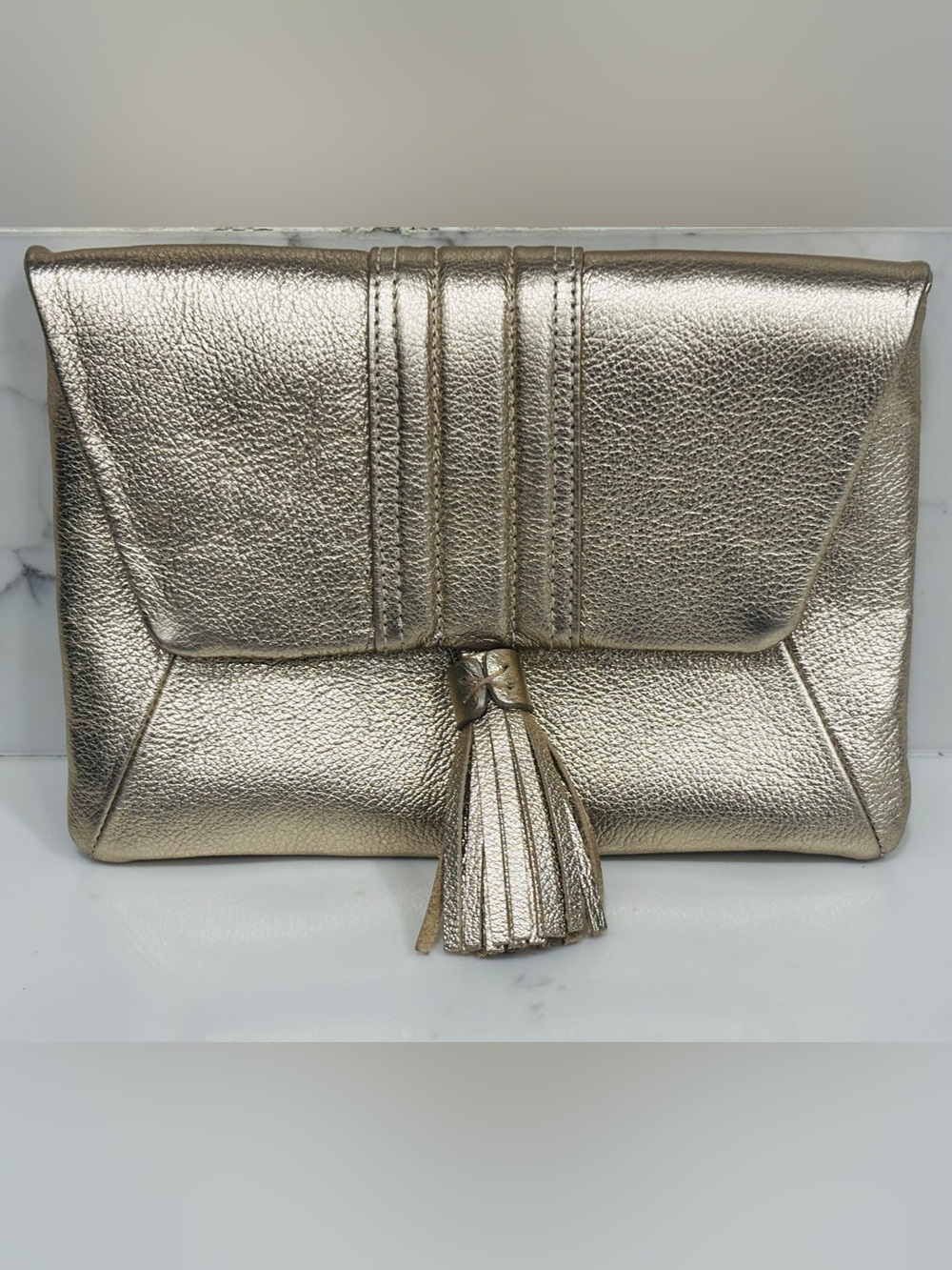 GiGi New York Ava Clutch Metallic Gold Leather Tassel Evening Bag